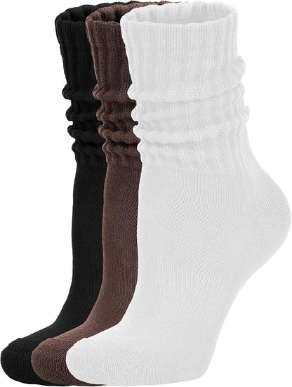 AugRing Women's Scrunch Crew Socks Retro 3-Pack Solid Cotton Boot Calf Chunky Ribbed Cozy Slouchy Socks Size 5-11