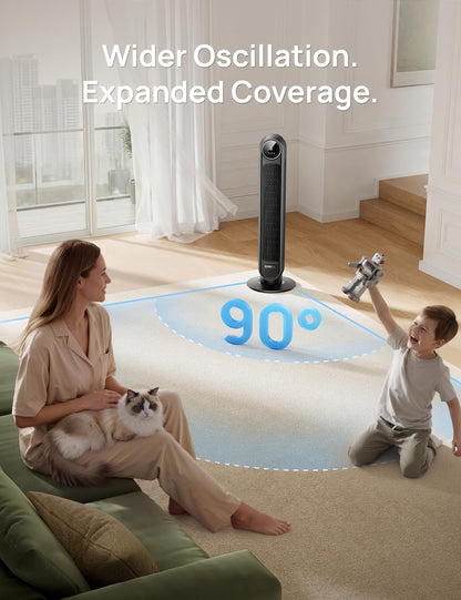 DREO Tower Fan for Bedroom, 2026 Upgraded DC Motor, 28ft/s Smart Standing Fans, 90° Oscillating Floor Fan with 20dB Ultra Quiet, 8 Speeds 4 Modes, 8H Timer, Bladeless, Remote, WiFi Voice Control