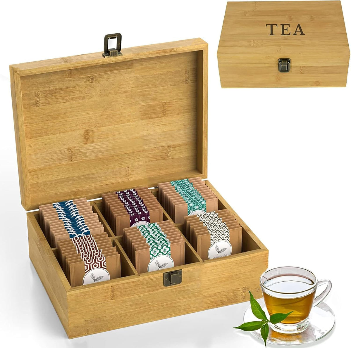 Tea Organizer Box Food Safe Chemical Free Bamboo Wood Storage Chest Big, Tall, Adjustable Cubbies (8-Slot 14.3" x 8.1" x 4.2" with TEA print design)