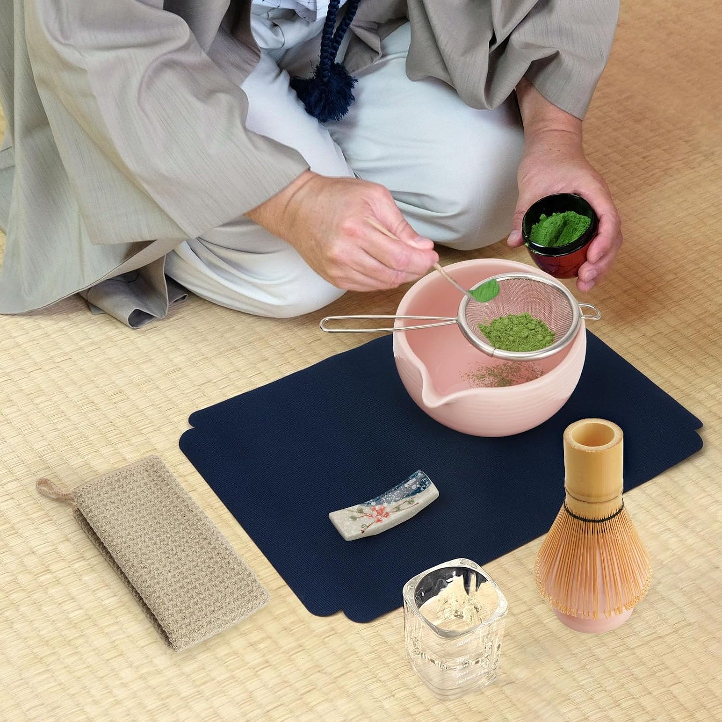 Joiish Matcha Whisk Set, Matcha Kit 10-Pcs, Bamboo Whisk and Ceramic Bowl with Spout & Measuring Spoon & Cup, Japanese Ceremony Matcha Tea Powder Making Tools, Light Green