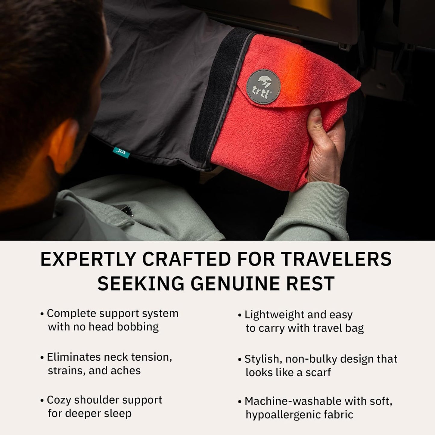Trtl Pillow - Scientifically Proven Neck Support Travel Pillow for Airplanes - Lightweight and Machine Washable - Ergonomic Design for Traveling on Cars and Trains - Black