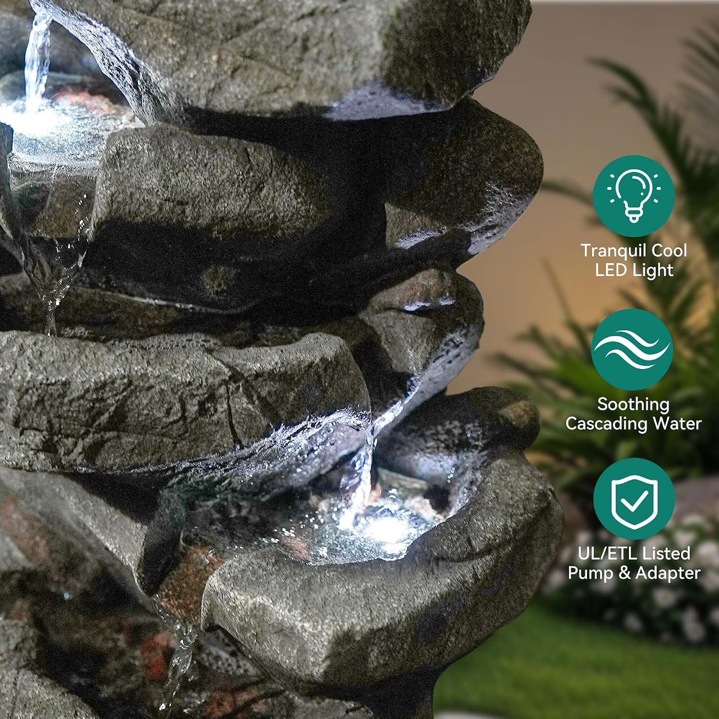 19.5" H 4-Tier Indoor & Outdoor Water Fountain with LED Lights | Resin Pebble Textured Tabletop Cascading Water Feature, Relaxing Decor for Patio, Porch, Deck, Yard & Home