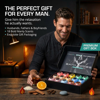 Bath Bombs for Men - Gift Set of 18 Square Shaped Handmade Natural Bath Bombs of 2.5 oz w/Essential Oils, Unique Manly Scents, for Boyfriend, Husband, Father - 18 Pack Square
