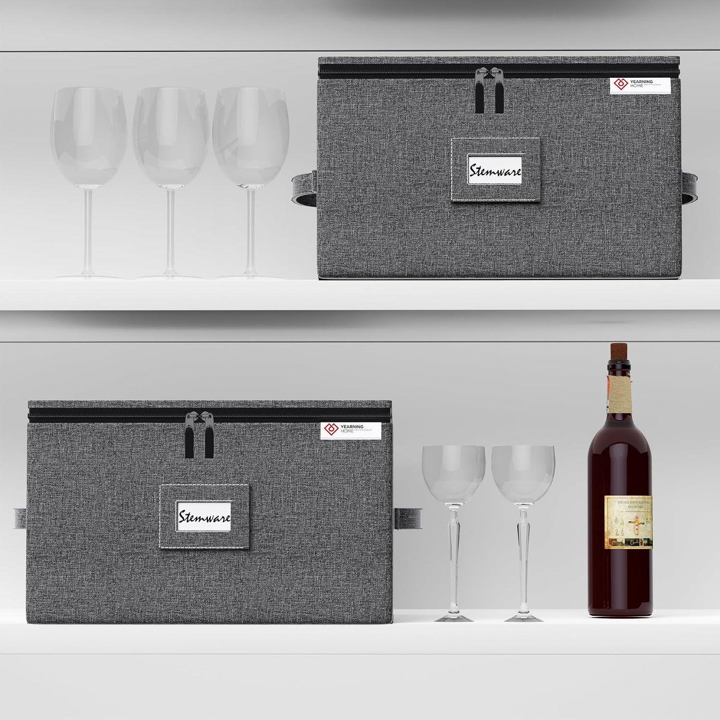 YearningHome Cup and Mug Storage Box with Hard Shell and Dividers for Coffee Mugs,Tea Cups and Glasses,Stackable Storage Organizers with Lid,Handles,Zips and Label for Moving,Holds 12,2 Pack, Grey