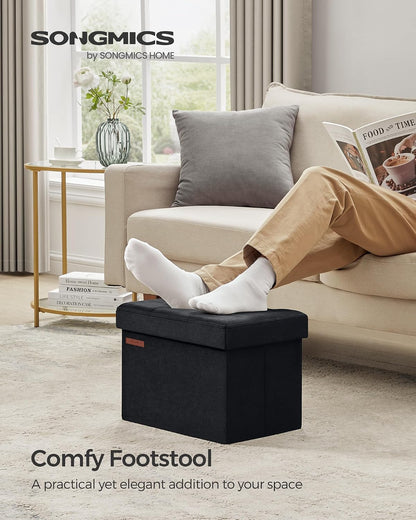 SONGMICS Small Folding Storage Ottoman, Foot Rest Stool, Cube Footrest, Synthetic Leather, 12.2 x 16.1 x 12.2 Inches, 286 lb Capacity, for Living Room, Bedroom, Dorm, Ink Black ULSF100B01
