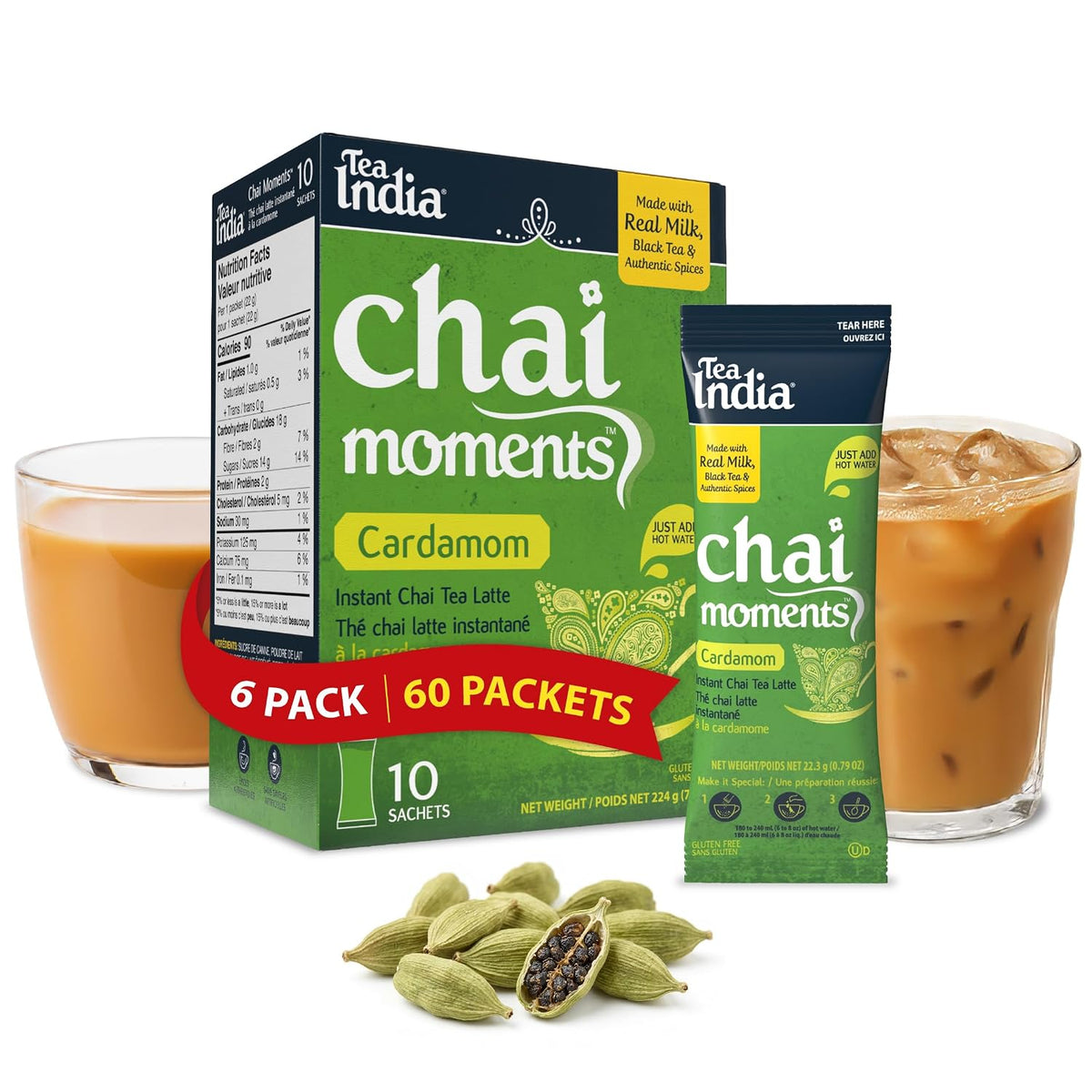 Tea India Chai Moments Cardamom Chai Instant Latte Powder,10 Packets 6 Pack