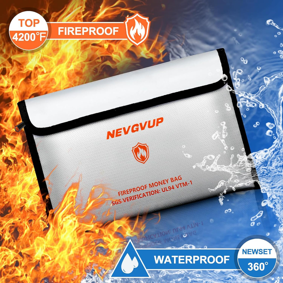 Upgraded 6200°F Fireproof Document Bag with Lock, Fire proof Money Bag for Cash with Zipper/Reflective Strip, 9 Layer of Heat Insulated Material, Water Resistant Fireproof Bags for Documents,Safe Bags
