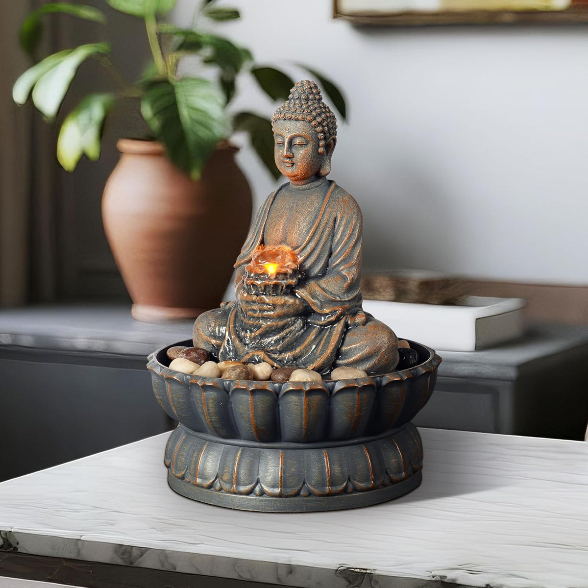Kalona Tabletop Water Fountain with Buddha, LED Light Indoor Waterfall