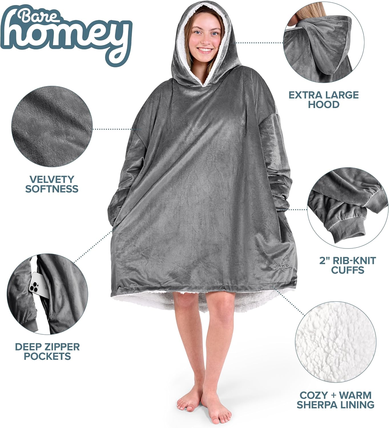 Bare Home Wearable Blanket Hoodie - Soft Plush Sherpa - Warm and Cozy - Oversized Wearable Blanket