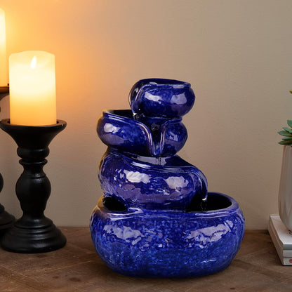Glitzhome Ceramic Tabletop Tiered Water Fountain with Pump and LED Light 8.75'' Turquoise Leaf Textured Water Fountain Zen Decor for Indoor and Home Decoration Table Desk Office Patio