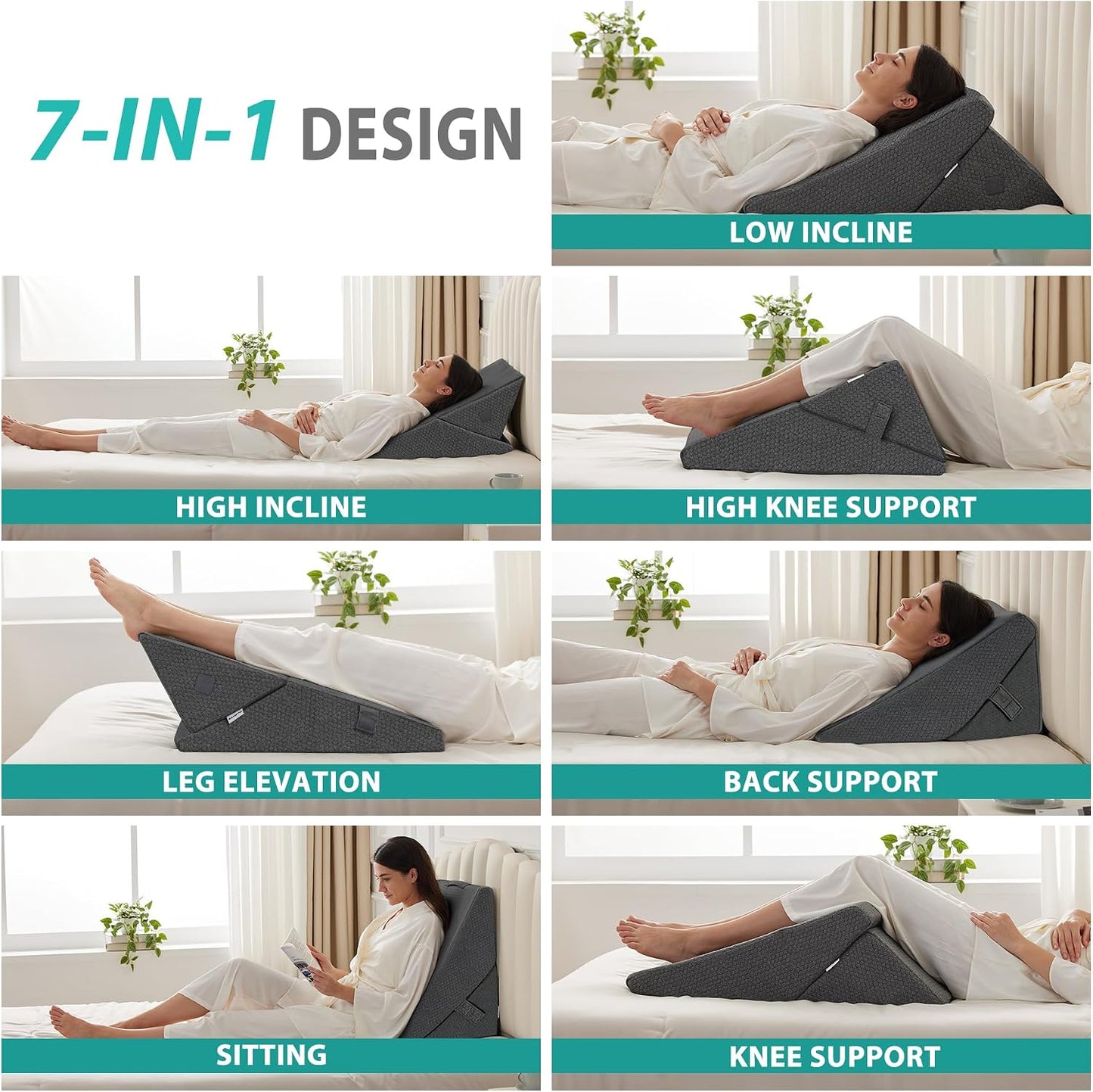 Bedluxe Wedge Pillow Headboard, 3PCS Orthopedic Bed Wedge Pillows Set for After Surgery, Adjustable Pillow Wedge for Acid Reflux&Back Pain Relief, Sleeping, Back Pillow for Bed Sitting Up, White/Grey