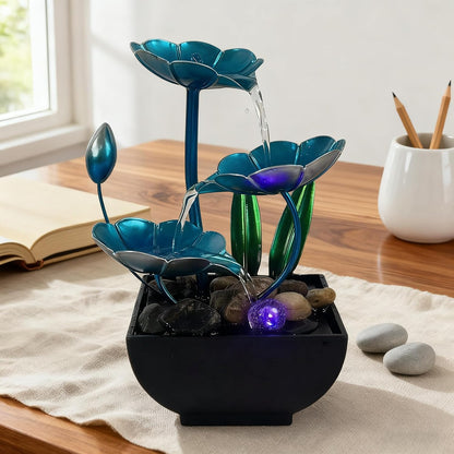 AOZITA Tabletop Fountain, Indoor Waterfall Fountain, Small Home Décor Zen Relaxation Soothing Sound Machine for Office, Living Room, or Bedroom,Blue Metal Lotus with Bud, River Rocks,Round LED