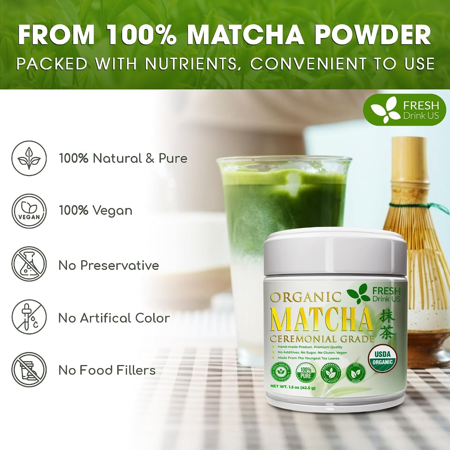 FreshDrinkUS, Matcha Latte Powder 16 oz – Premium Japanese-Style Blend for Smooth, Creamy Matcha Drinks – Perfect for Lattes, Baking, Smoothies & Daily Enjoyment. Vegan