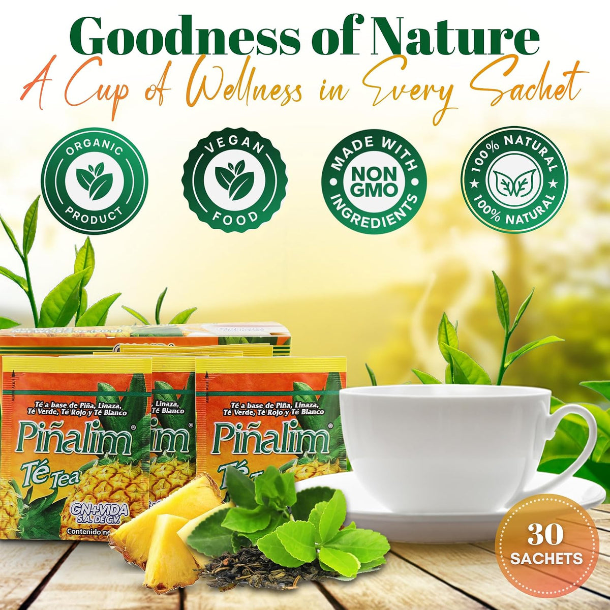 GN + VIDA Pinalim Tea | Pineapple Based Tea Containing Red Tea, Green Tea, White Tea and Senna Leaf | 30 Tea Bags