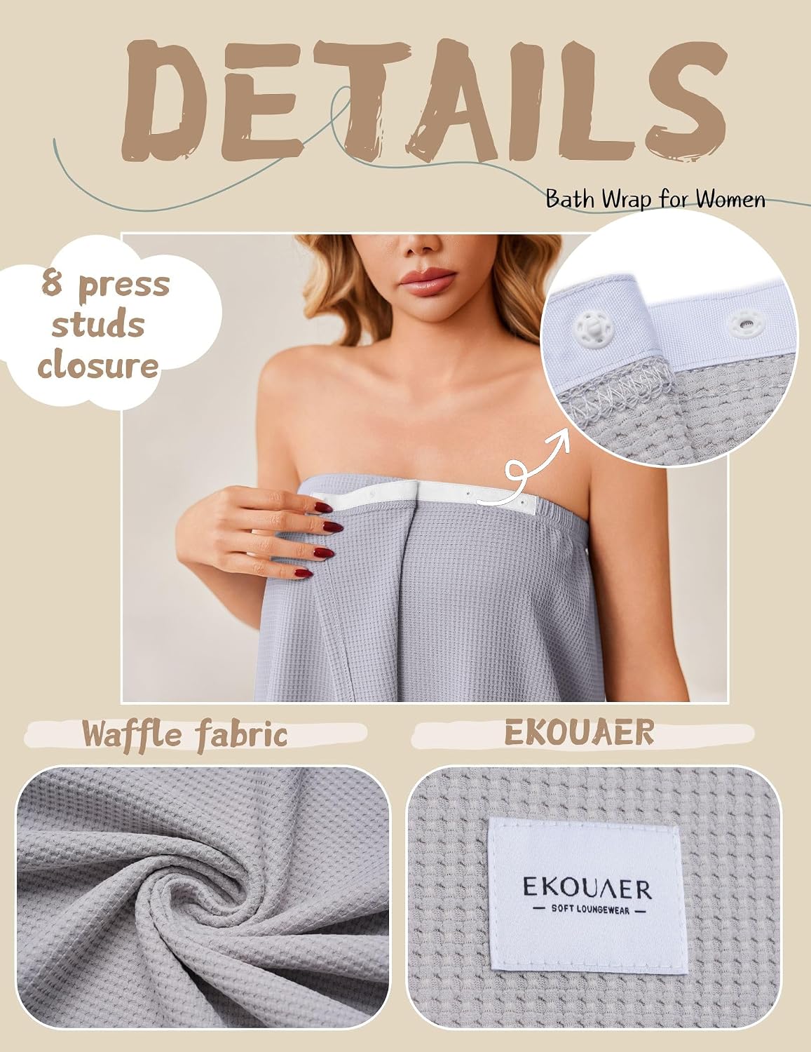 Ekouaer Waffle Robes Towel Wrap for Women Bath Wrap Lightweight Spa Robe