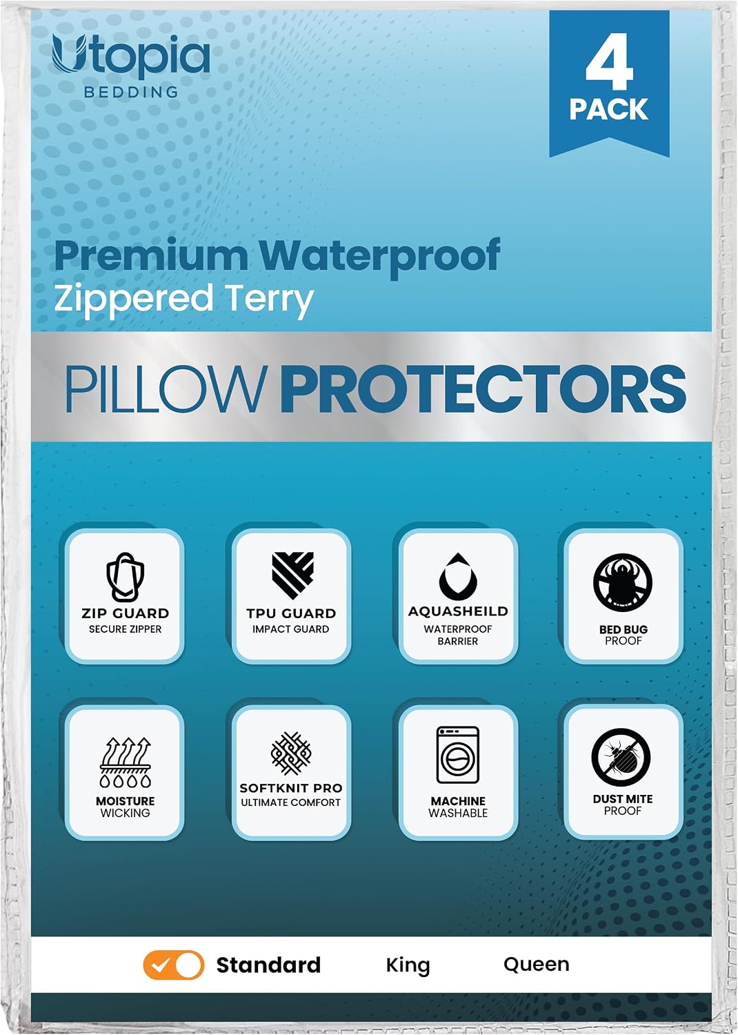 Utopia Bedding Set of 4 Waterproof Pillow Protectors with Zipper Standard Size, Terry Pillow Covers, Bed Bug and Dust Mite Proof Pillow Cases