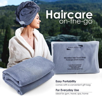 SimpleField Large Microfiber Hair Towel Wrap (27x40 Inches) for Women, Anti-Frizz Flat Rectangle Drying Towel with Full Hair Coverage Design, Elastic Band for Long, Curly and Thick Hair (Beige)