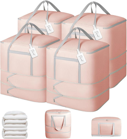 Comforter Storage Bag - 130L Large Capacity Blanket Storage Bags 4-Layer Ultra Space Saving Self Compression Organizer, Washable Compression Bags for Storage Comforter Blanket, Beige