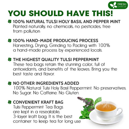 FreshDrinkUS, Premium Tulsi Peppermint Herbal Tea – 135 Tea Bags, 100% Natural, Blend of Tulsi Holy Basil Leaves, and Peppermint Leaves. Made with Natural Material Tea Bags. No Sugar, Vegan.