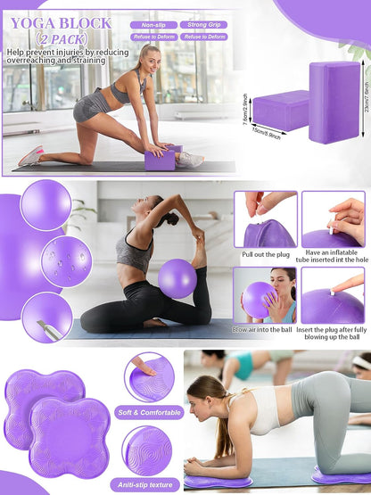 Gemscream 17 Pcs Yoga Essential Kit for Women, Pilates Equipment Starter Set for Beginners with Yoga Wheel Ball Blocks Strap Resistance Bands Wrist Rings Socks Towel & Carry Bag for Home Workouts
