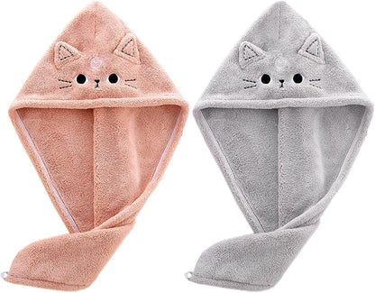 2Pack Microfiber Hair Towel Wrap for Kids, Cute Cat Absorbent Hair Drying Turbans Head Towels for Women Girls (Pink and Gray cat)
