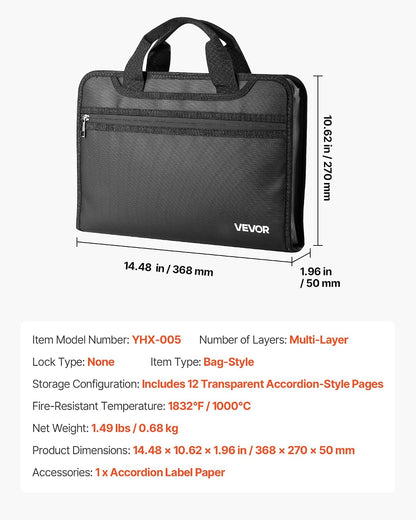VEVOR Fireproof Document Bag, 1832 ℉ Heat Insulated Fireproof & Waterproof Bag, Portable Multi-Layer File Storage Security Organizer Home Office Travel Use, for Passports, Important Documents, Files