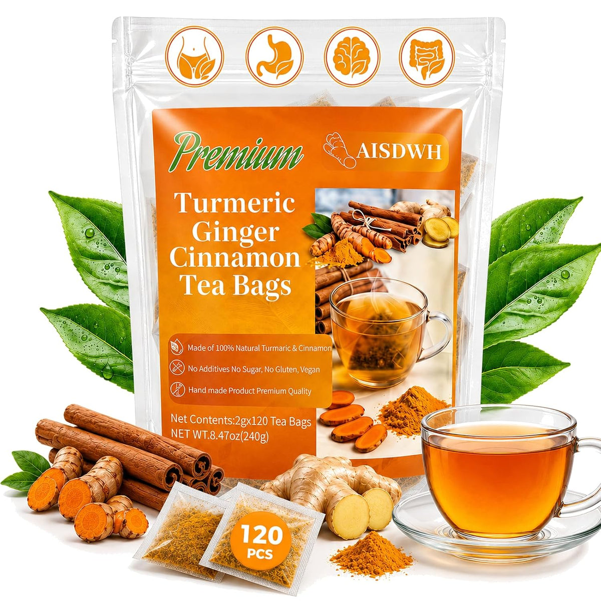 AISDWH, 120 Premium Turmeric Ginger Cinnamon Tea Bags, Digestive Support