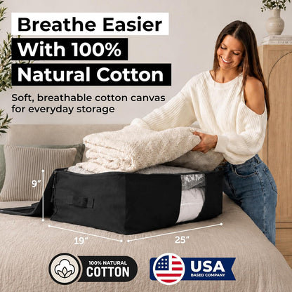 Soft Canvas Storage Bags with Zipper. Thick Breathable, 2pc King/Queen Comforter Organizer. Four Carrying Handles and Window. Large 25x19x9in Bag for Sheets Blankets Bedding Pillows, Clothes