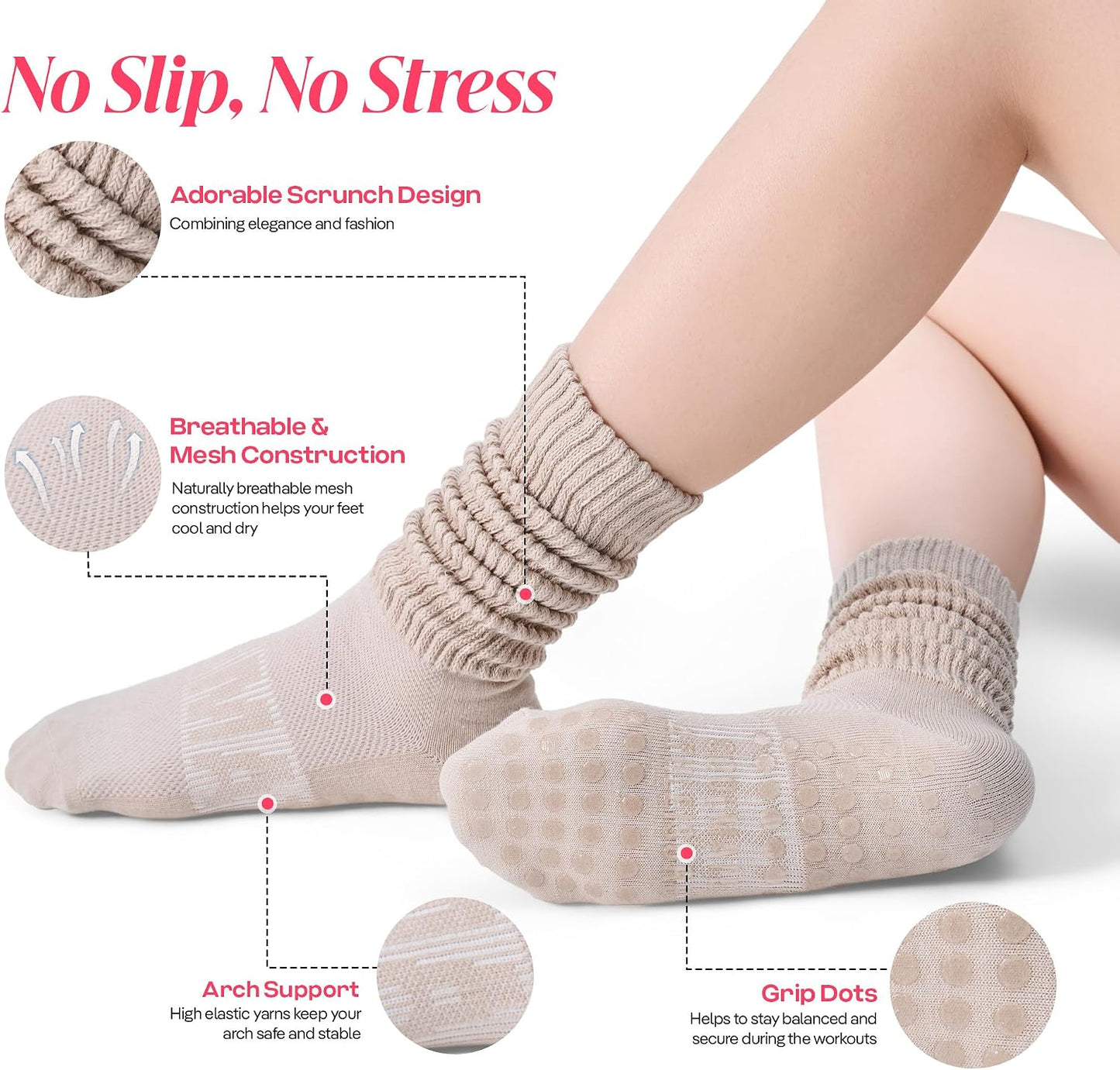 COOLMATE Pilates Socks with Grips for Women, Yoga Socks, Crew Non Slip Women for Barre, Pilates Gifts for Women - Colors A
