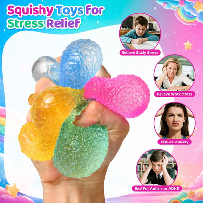 4 Packs Stress Balls for Kids Adult, Stretch and Squeeze Stress Balls for Anxiety Relief, Sensory Squishy Ball for Classroom Prizes Birthday Party Favor Gifts (Squeeze Ball)
