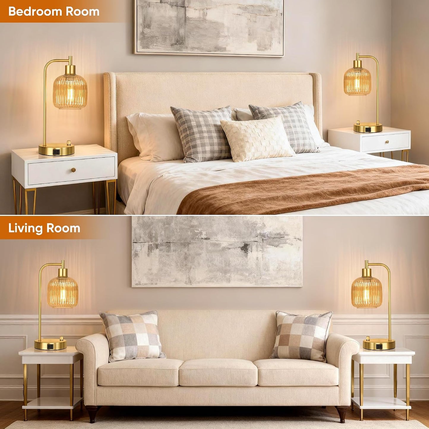 QiMH Industrial Table Lamp for Bedroom Set of 2, Green Glass Beside Lamp with USB A&C Ports, Stepless Dimmable Gold Lamps, Nightstand Lamps for Living Room, Office, Home Decor(Bulb Included)