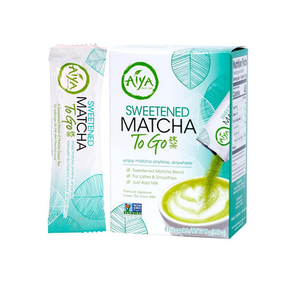 Aiya Japanese Sweetened Matcha Powder to Go Sticks - Ceremonial Grade, Vegan-Friendly, Gluten-Free - 8 Individually Packed Single-Serving Sticks for Freshness and Convenience