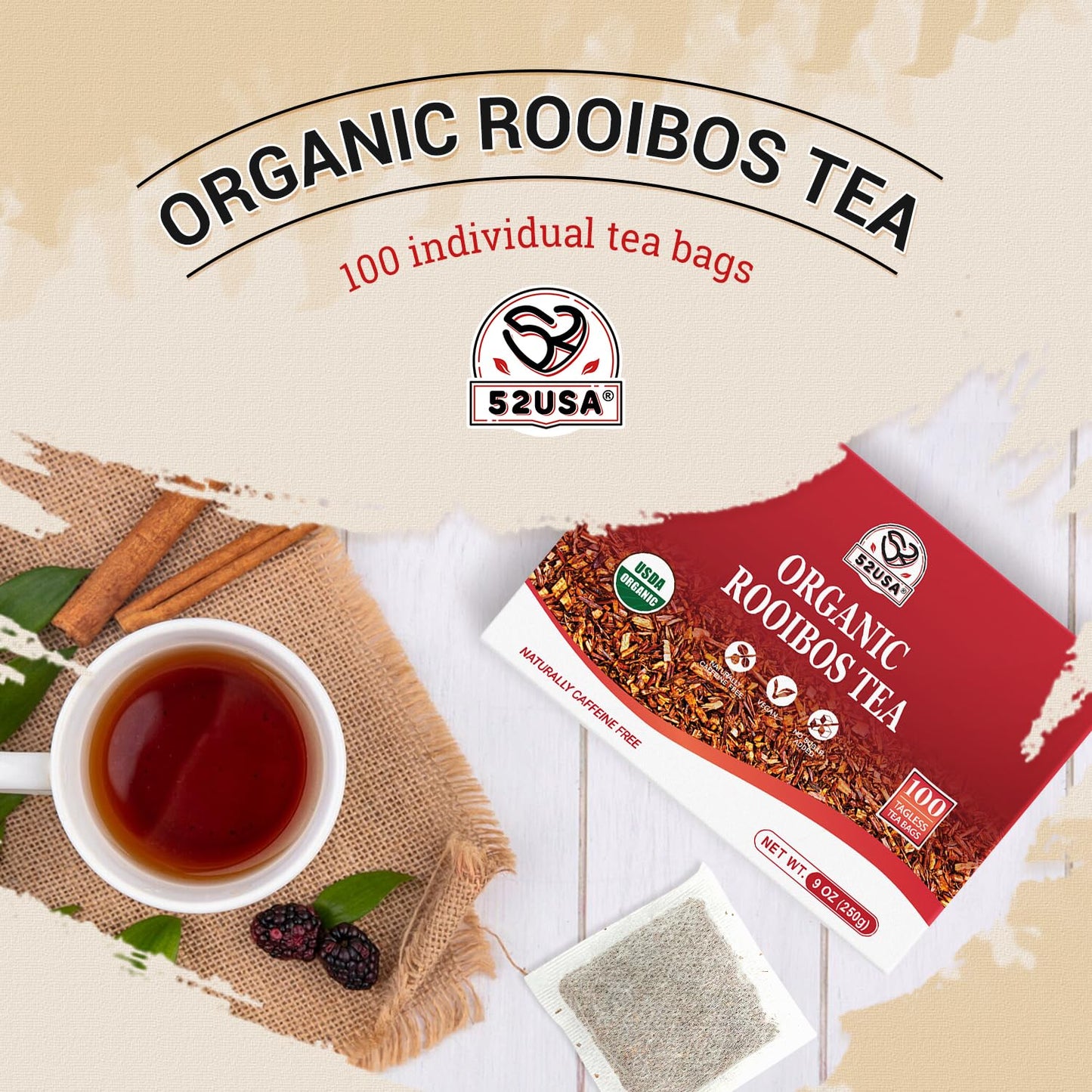 52USA Rooibos Tea Organic, 100 Tea bags, Pure Premuim Rooibos Tea, Naturally Sweet Herbal Tea, Caffeine Free Rooibos Tea, Farmed in South Africa, 9oz (250g)