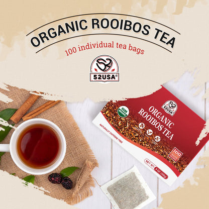 52USA Rooibos Tea Organic, 100 Tea bags, Pure Premuim Rooibos Tea, Naturally Sweet Herbal Tea, Caffeine Free Rooibos Tea, Farmed in South Africa, 9oz (250g)