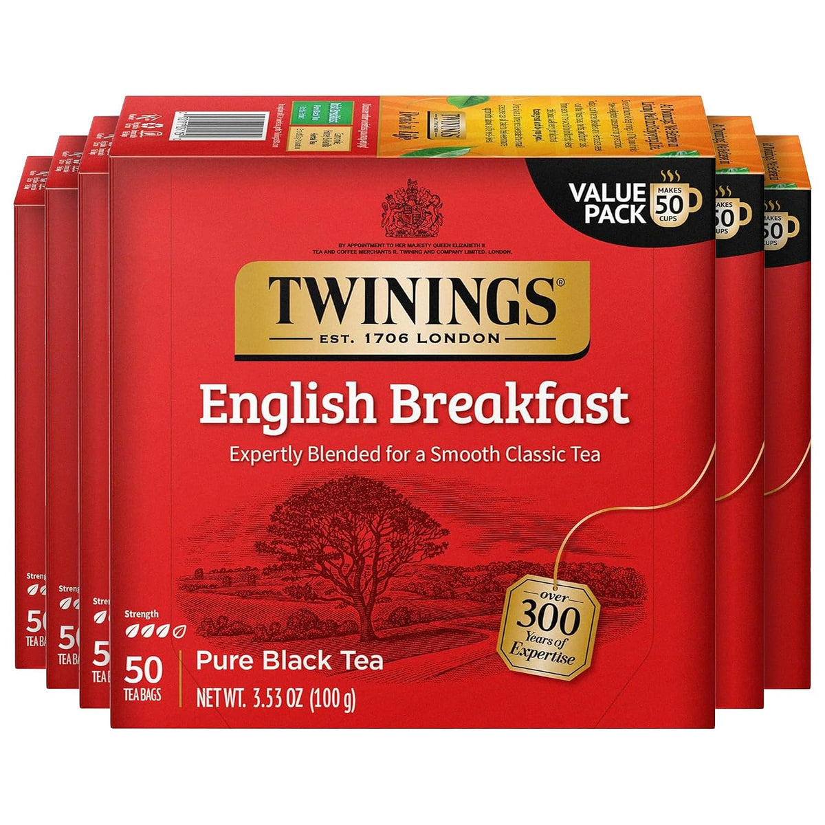 Twinings English Breakfast Black Tea Individually Wrapped Bags, 50 Count (Pack of 6), Flavourful, Robust, Caffeinated, Enjoy Hot or Iced, 300 Teabags