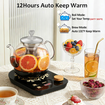 HHT Electric Tea Maker with Infuser, ±1℉ Precise Temperature Control, Glass Electric Kettle for Herbal,Flowers,Fruit Tea and Loose Leaf,BPA-Free,Auto Shut-Off,Brewing Program,Keep Warm,0.8L