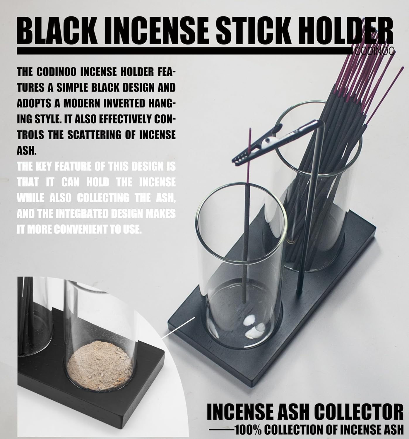 2 in 1 Incense Burner Holder for Sticks,Glass Incense Holder with Storage,Upside Down Incense Holder for Sticks with Glass Ash Catcher for Meditation Yoga Spa Room Home Decor[Full Black]