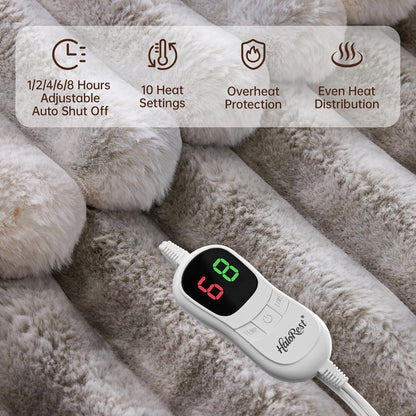 Heated Throw Blanket, Faux Fur Cozy Heating Blanket with Overheat Protection, 1/2/4/6/8 Hours Auto-Off 10 Heat Level, Machine Washable (50x60 Inches, Cream White)