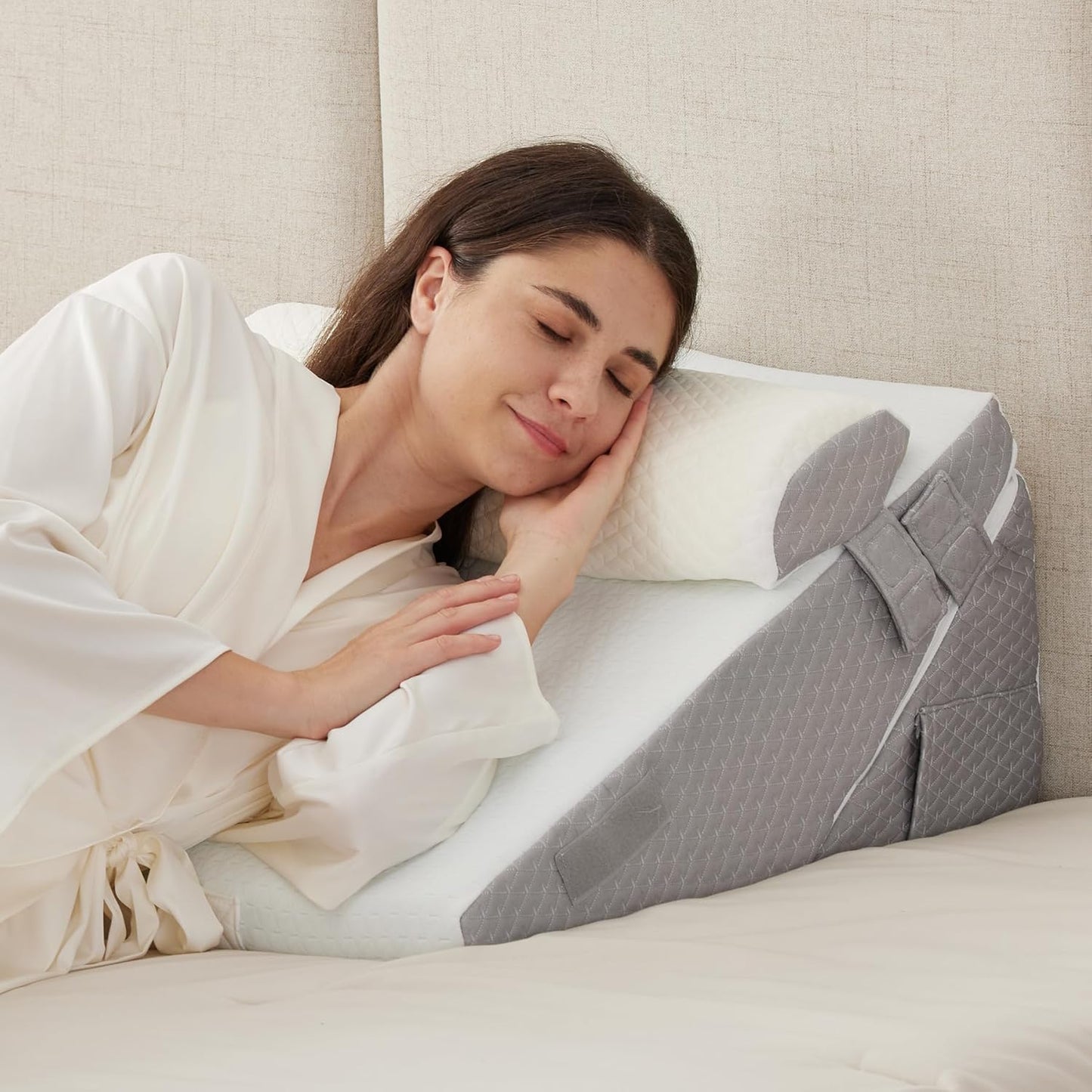 Ruqmuis Wedge Pillow Set for After Surgery, 3PCS Adjustable 9&12 Inch Bed Wedge Pillow for Sleeping, Incline Pillow Wedge for Headboard, Post Surgery, Acid Reflux, Neck&Back Support, White/Grey