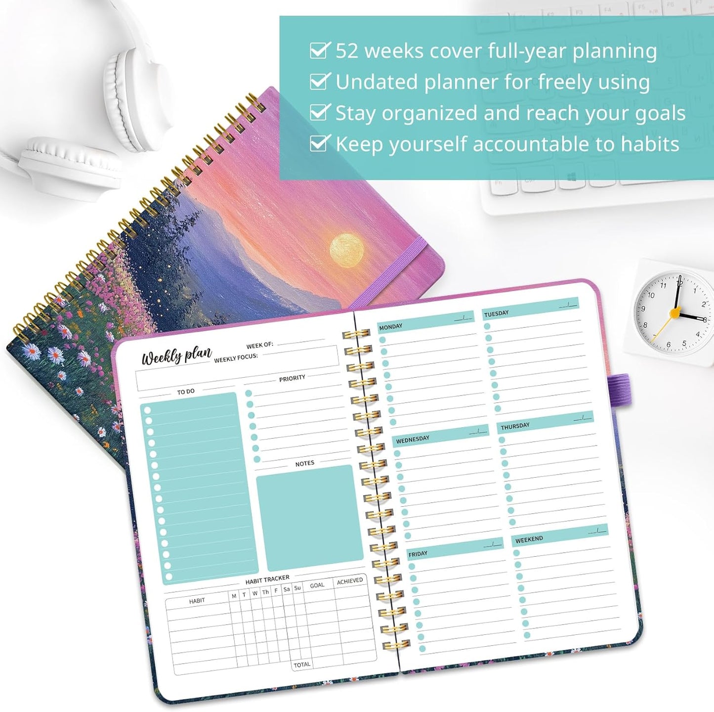 Taja Undated Weekly Planner, Weekly To Do List Notebook with Goal & Habit Tracker Organizer, A5 Weekly Planner Notebook with Spiral Binding, 6.1" x 8.2" - Green