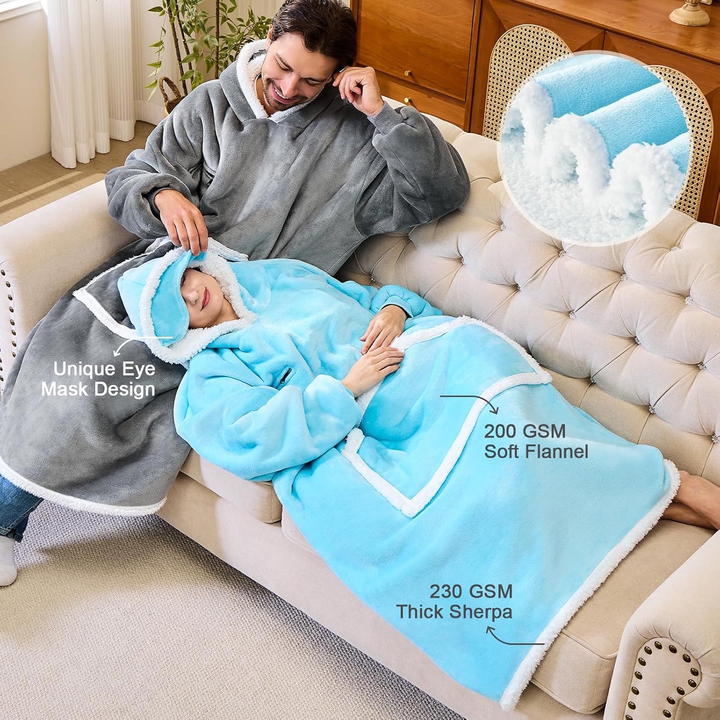 IFNOW Wearable Blanket Hoodie, Oversized Sherpa Fleece Hooded Blanket Sweatshirt with Eye Mask and Pocket, Comfy Long Flannel Blanket for Adults Men,Gifts for Women Mom Girlfriend,MoonFace