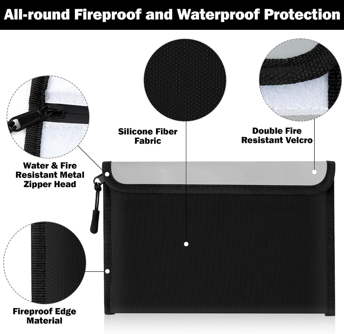 Fireproof Waterproof Document Bag - 5200°F Water Resistant Fire Proof Money Bag, 3 Layers of Heat Insulated Storage with Zipper, 7.9"x5" Portable Files Safe Pouch for Cash Passport (Black)