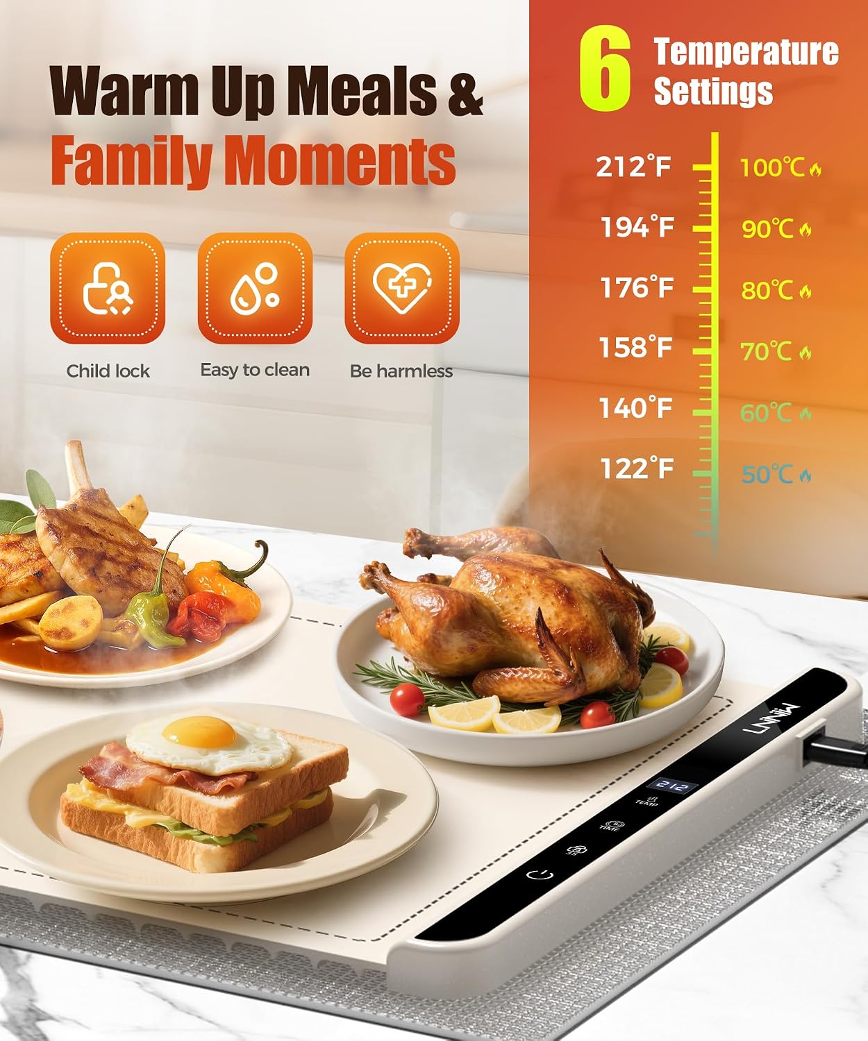 Food Warming Mat with Heat-Resistant Pad, 26X15 Inch, 6 Temperature & 6 Timer Settings, Child Lock Safety,Food Warmer Chafing Dishes for Buffet,Gatherings,Parties,Everyday Use