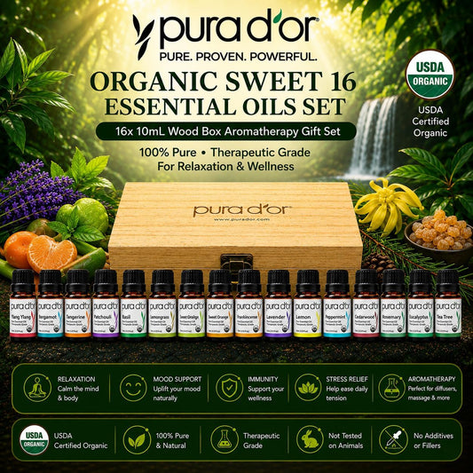 PURA D'OR Organic Sweet16 Essential Oils Aromatherapy Box Set, 10mL x16