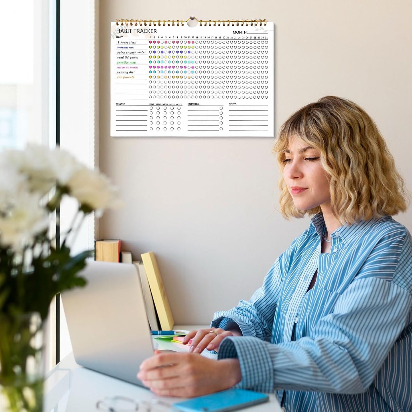 Habit Tracker Calendar, Aesthetic Daily Weekly Goal and Habit Tracker Journal, 12 Months Undated Habits Tracker Planner with Spiral Binding, Boost Productivity Tool and Workout Calendar, 11.7"x8.5"