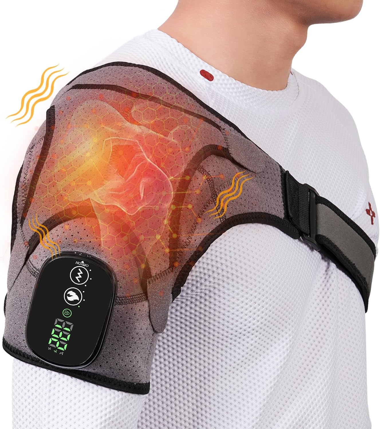 Cordless Shoulder Heating Pad & Massager, Electric Heated Shoulder Brace Wrap, Heating Pads for Rotator Cuff and Frozen Pain Relief,5000mAh Chargeable Powered, Men & Women(Black)