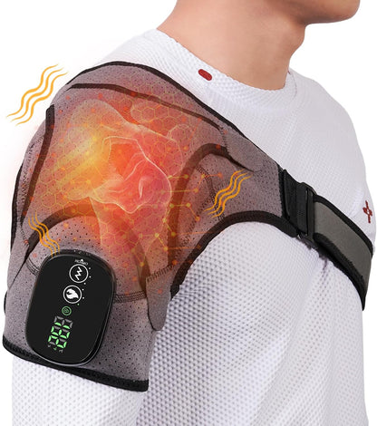 Cordless Shoulder Heating Pad & Massager, Electric Heated Shoulder Brace Wrap, Heating Pads for Rotator Cuff and Frozen Pain Relief,5000mAh Chargeable Powered, Men & Women(Black)