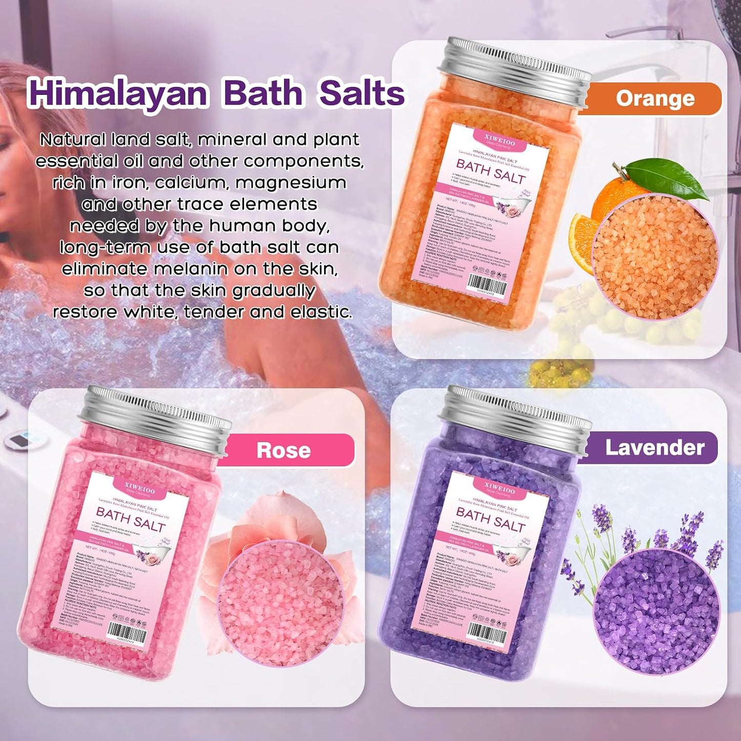 Bath Salt 3 Pack Kit Himalayan Pink Salt Foot Soak Lavender Orange Rose Scent Tea Tree Oil Epsom Salt Bubble Bath for Women Dead Sea Salt Moisturizing Skin Softens Calluses Mom Bath Sea Salt