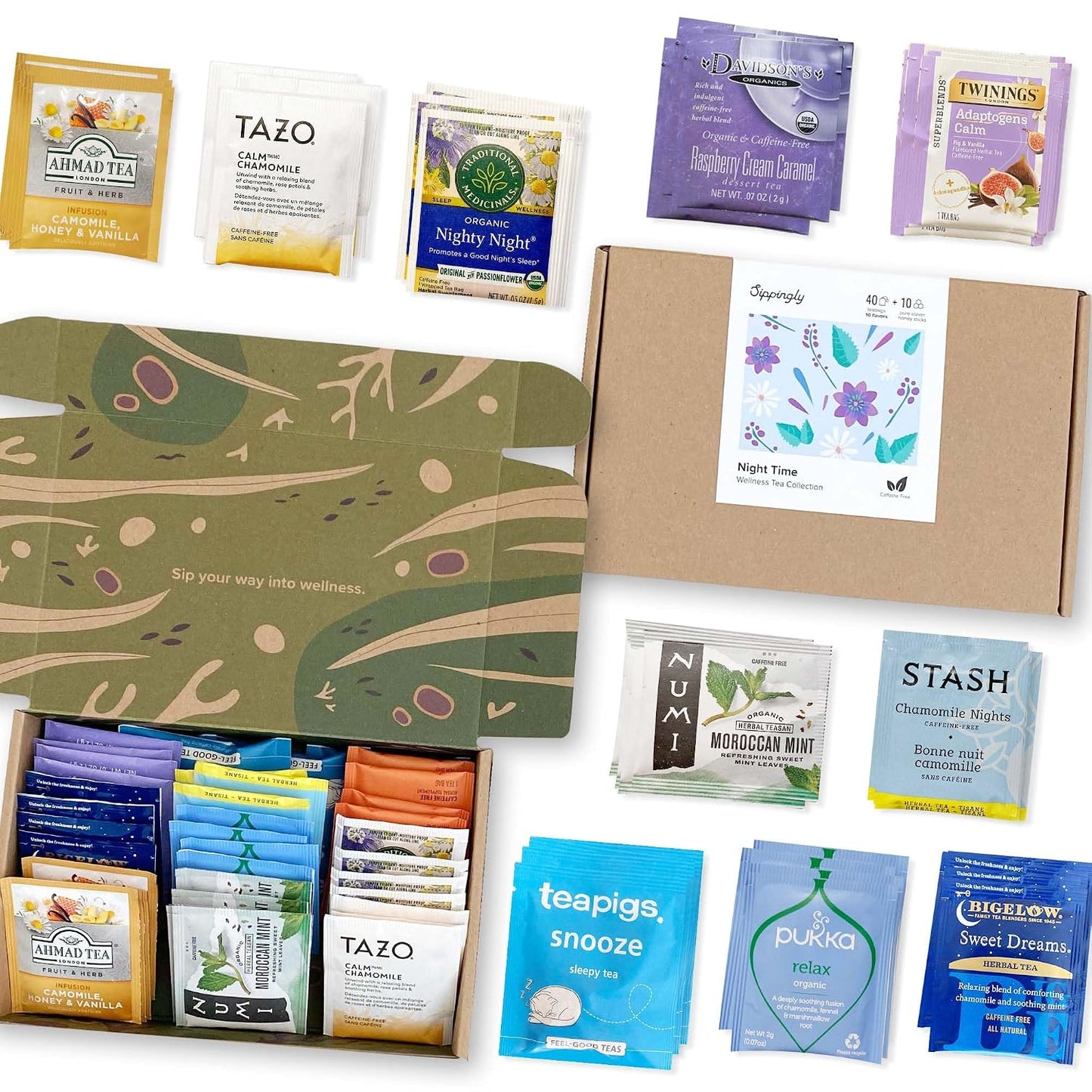 Sippingly Night Time Tea Sampler – 40 Herbal Teas – 10 Flavors from Top Brands – Chamomile, Lavender, Passionflower – Perfect Relaxation & Calm Support – Ideal Wellness Gift – Kosher, Gluten-Free