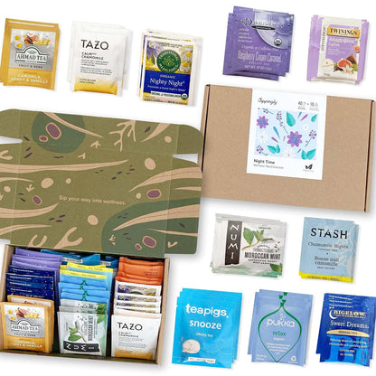 Sippingly Night Time Tea Sampler – 40 Herbal Teas – 10 Flavors from Top Brands – Chamomile, Lavender, Passionflower – Perfect Relaxation & Calm Support – Ideal Wellness Gift – Kosher, Gluten-Free